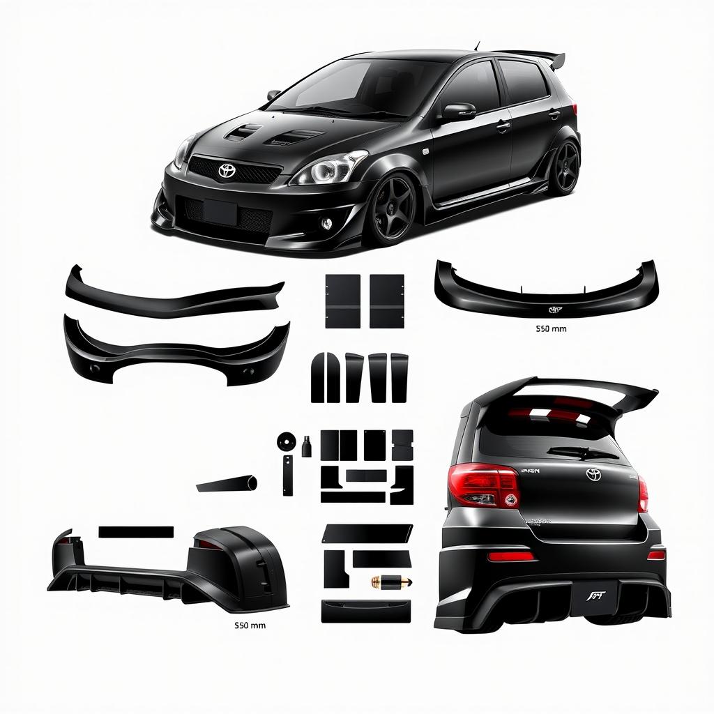 A comprehensive body kit design for a 2004 black Toyota Alex RS, featuring a sleek and aggressive front bumper, wide side skirts, a striking rear bumper with integrated exhaust, a stylish rear spoiler, and custom fender flares to enhance the car’s contours