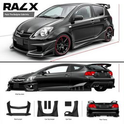 A comprehensive body kit design for a 2004 black Toyota Alex RS, featuring a sleek and aggressive front bumper, wide side skirts, a striking rear bumper with integrated exhaust, a stylish rear spoiler, and custom fender flares to enhance the car’s contours