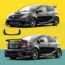 A comprehensive body kit design for a 2004 black Toyota Alex RS, featuring a sleek and aggressive front bumper, wide side skirts, a striking rear bumper with integrated exhaust, a stylish rear spoiler, and custom fender flares to enhance the car’s contours