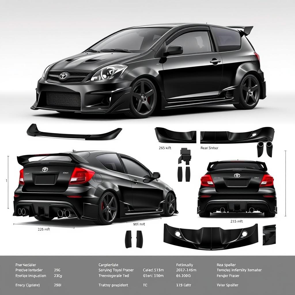 A comprehensive body kit design for a 2004 black Toyota Alex RS, featuring a sleek and aggressive front bumper, wide side skirts, a striking rear bumper with integrated exhaust, a stylish rear spoiler, and custom fender flares to enhance the car’s contours