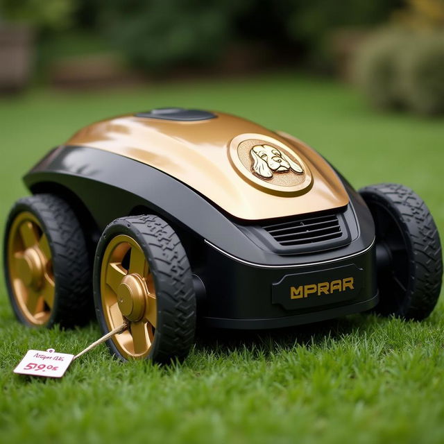 A modern battery-operated robotic lawn mower designed in elegant gold and black colors, featuring sleek black tires and distinctive gold wheels