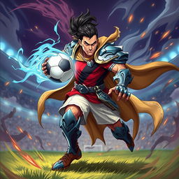 A stylized fantasy illustration of a soccer player resembling a famous athlete, depicted as a powerful and fierce warrior in a dynamic pose