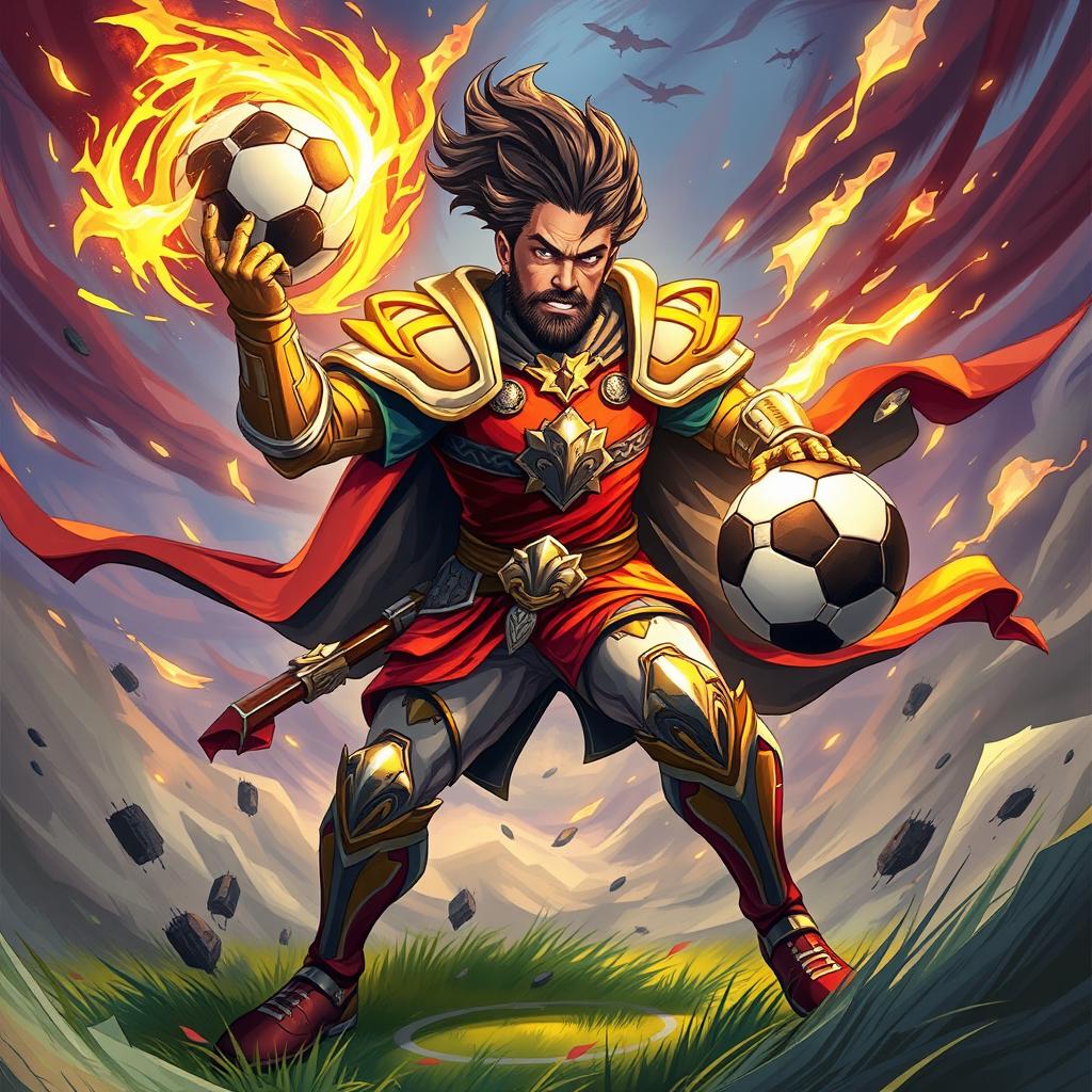 A stylized fantasy illustration of a soccer player resembling a famous athlete, depicted as a powerful and fierce warrior in a dynamic pose