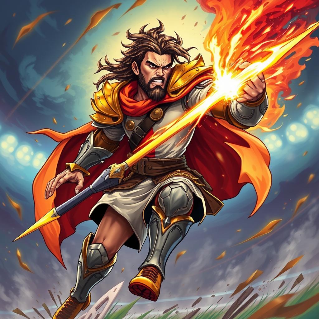 A stylized fantasy illustration of a soccer player resembling a famous athlete, depicted as a powerful and fierce warrior in a dynamic pose