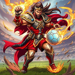 A stylized fantasy illustration of a soccer player resembling a famous athlete, depicted as a powerful and fierce warrior in a dynamic pose