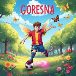 A whimsical illustration of a character inspired by famous football player Lionel Messi but transformed into a fantastical creature called "Goregina"