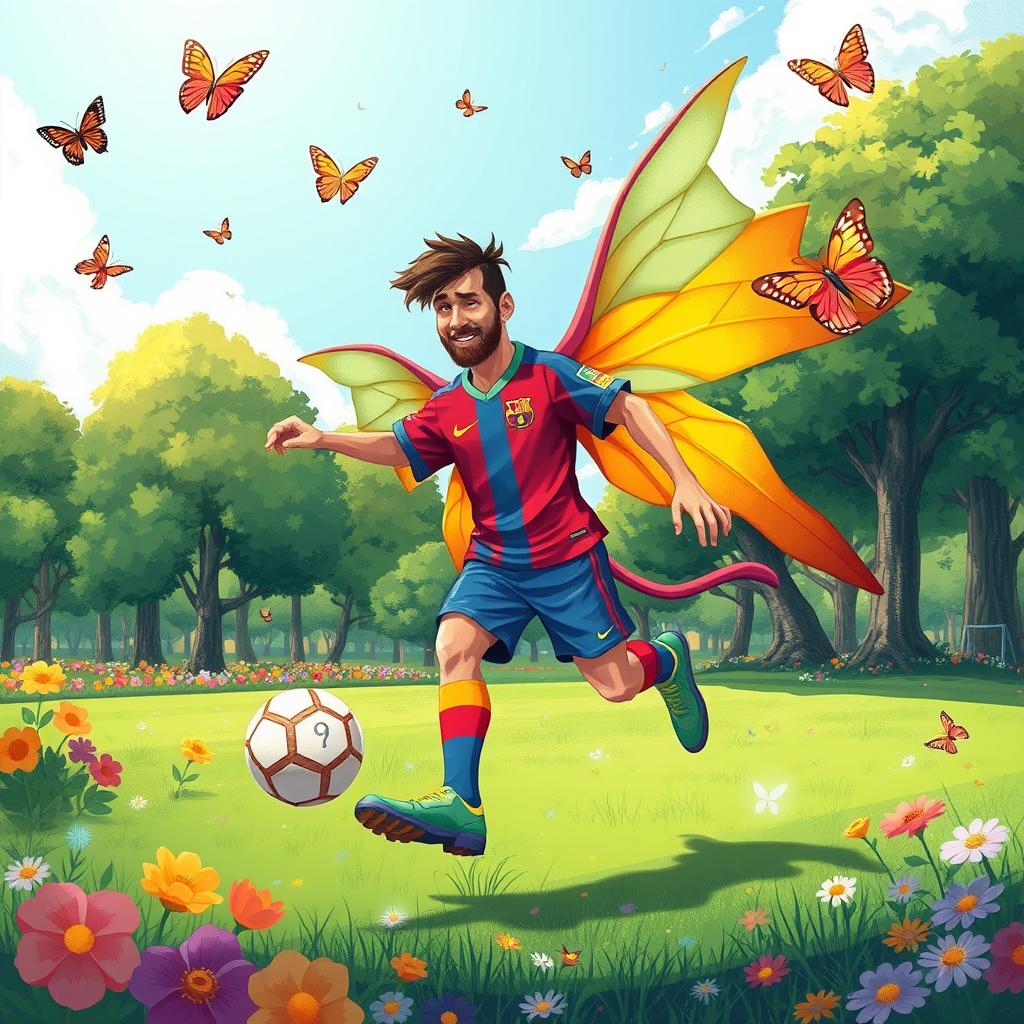 A whimsical illustration of a character inspired by famous football player Lionel Messi but transformed into a fantastical creature called "Goregina"