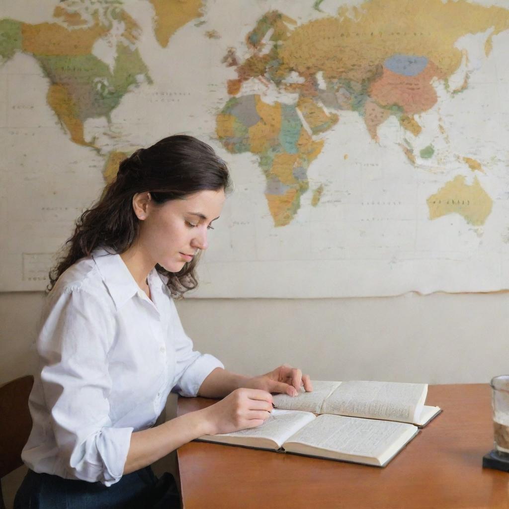 A young woman deeply engaged in reading a book at a desk. Beside her, an open notebook with a pen waiting. On the wall behind, a world map adorned with notes and pictures reflecting various cultures.