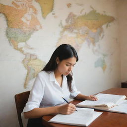 A young woman deeply engaged in reading a book at a desk. Beside her, an open notebook with a pen waiting. On the wall behind, a world map adorned with notes and pictures reflecting various cultures.