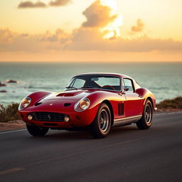 A sleek and shiny Ferrari 250 GTO parked on a picturesque coastal road during sunset, showcasing its classic red color and iconic curves