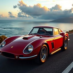 A sleek and shiny Ferrari 250 GTO parked on a picturesque coastal road during sunset, showcasing its classic red color and iconic curves