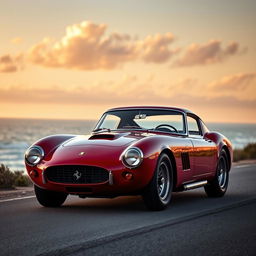 A sleek and shiny Ferrari 250 GTO parked on a picturesque coastal road during sunset, showcasing its classic red color and iconic curves