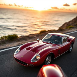 A sleek and shiny Ferrari 250 GTO parked on a picturesque coastal road during sunset, showcasing its classic red color and iconic curves