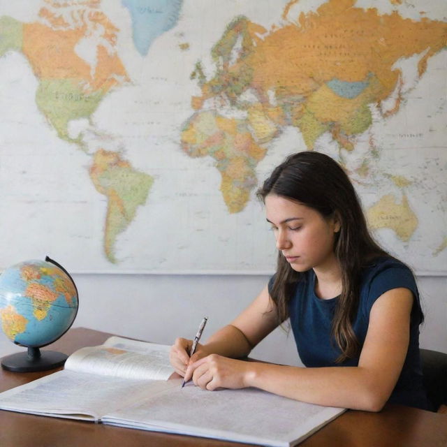 A young woman deeply engaged in reading a book at a desk. Beside her, an open notebook with a pen waiting. On the wall behind, a world map adorned with notes and pictures reflecting various cultures.