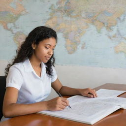 A young woman deeply engaged in reading a book at a desk. Beside her, an open notebook with a pen waiting. On the wall behind, a world map adorned with notes and pictures reflecting various cultures.