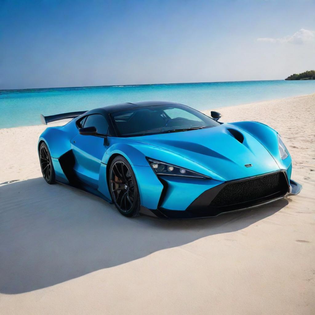 A majestic Zenvo Aurora Hypercar, glistening in sunbeam reflections, parked on the tranquil sandy beaches of the Maldives, with azure blue waters and clear blue sky in the backdrop.