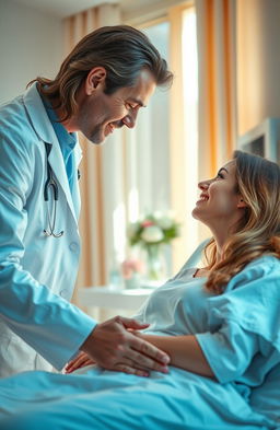 A romantic scene set in a serene hospital room where a compassionate doctor, in a crisp white coat, leans over his patient