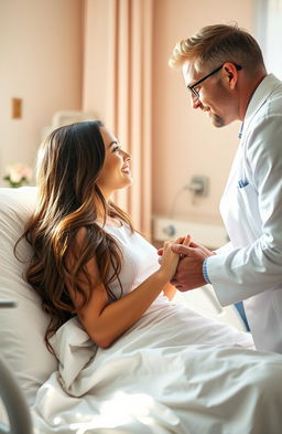 A romantic scene set in a serene hospital room where a compassionate doctor, in a crisp white coat, leans over his patient