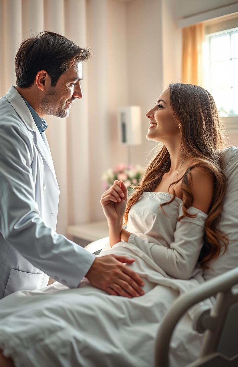 A romantic scene set in a serene hospital room where a compassionate doctor, in a crisp white coat, leans over his patient