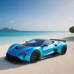 A majestic Zenvo Aurora Hypercar, glistening in sunbeam reflections, parked on the tranquil sandy beaches of the Maldives, with azure blue waters and clear blue sky in the backdrop.