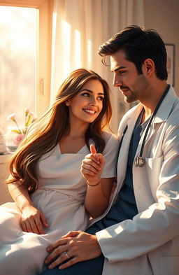 A romantic scene from a captivating novel featuring a handsome doctor, with dark hair and piercing blue eyes, gently holding the hand of his lovely patient, a beautiful woman with long, flowing brunette hair and a warm smile, as they sit together in a sunlit hospital room