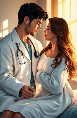 A romantic scene from a captivating novel featuring a handsome doctor, with dark hair and piercing blue eyes, gently holding the hand of his lovely patient, a beautiful woman with long, flowing brunette hair and a warm smile, as they sit together in a sunlit hospital room