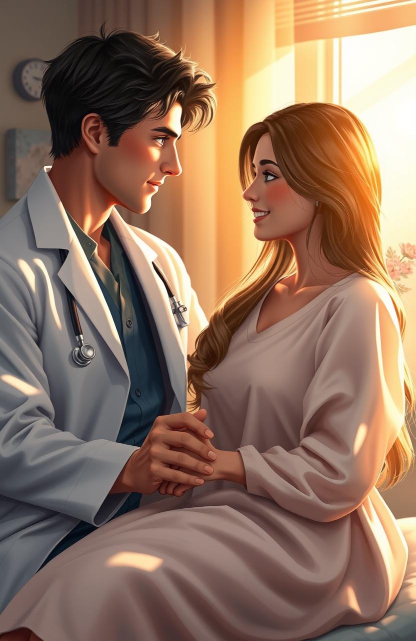 A romantic scene from a captivating novel featuring a handsome doctor, with dark hair and piercing blue eyes, gently holding the hand of his lovely patient, a beautiful woman with long, flowing brunette hair and a warm smile, as they sit together in a sunlit hospital room