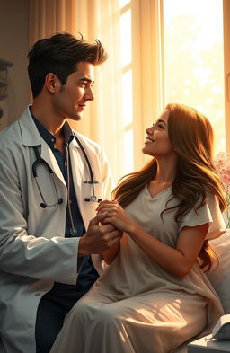 A romantic scene from a captivating novel featuring a handsome doctor, with dark hair and piercing blue eyes, gently holding the hand of his lovely patient, a beautiful woman with long, flowing brunette hair and a warm smile, as they sit together in a sunlit hospital room