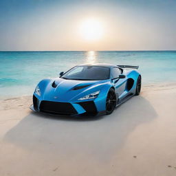 A majestic Zenvo Aurora Hypercar, glistening in sunbeam reflections, parked on the tranquil sandy beaches of the Maldives, with azure blue waters and clear blue sky in the backdrop.