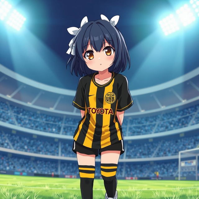 Anime football girl resembling Takane Manaka, featuring dark blue hair styled with a white bow, expressive brown eyes