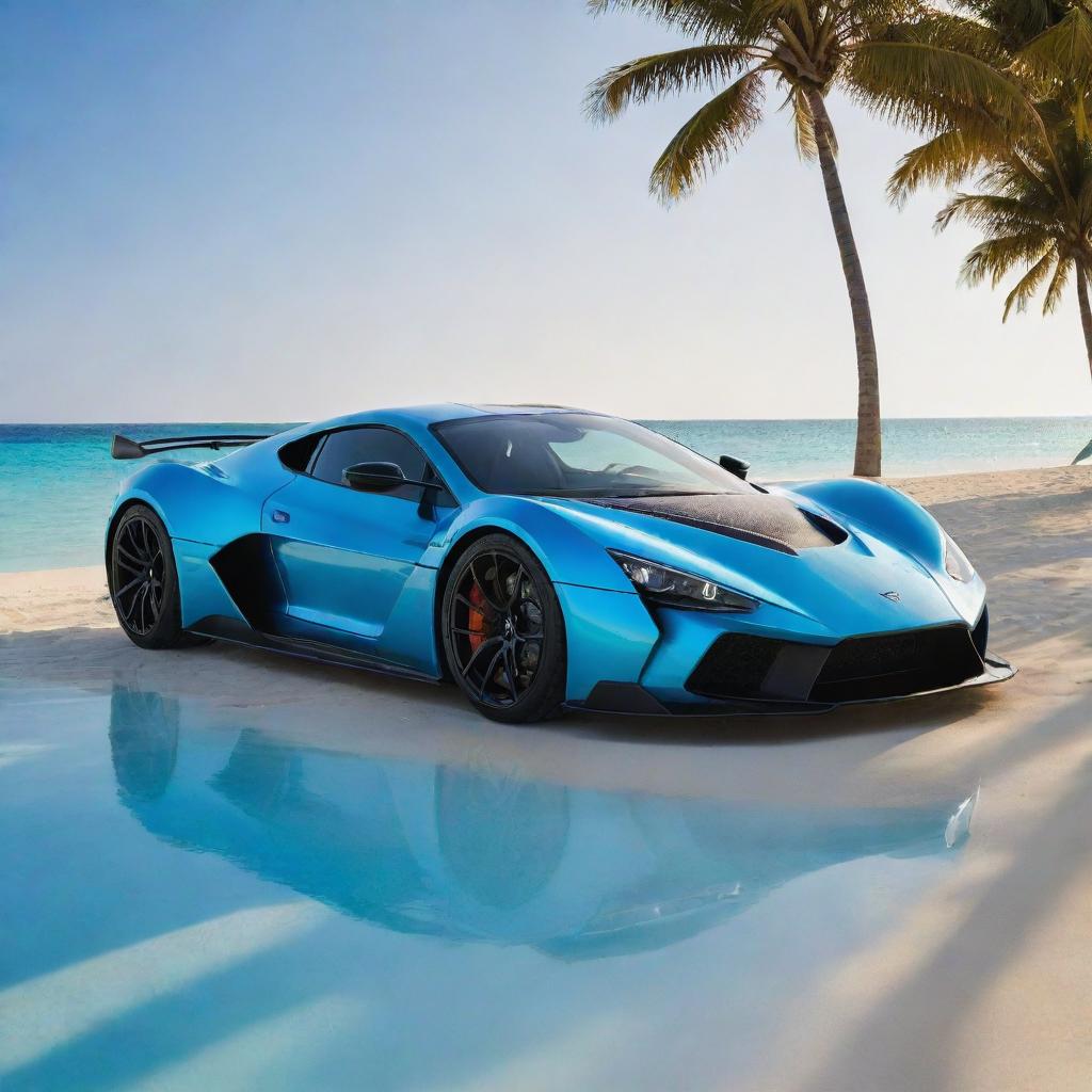 A majestic Zenvo Aurora Hypercar, glistening in sunbeam reflections, parked on the tranquil sandy beaches of the Maldives, with azure blue waters and clear blue sky in the backdrop.