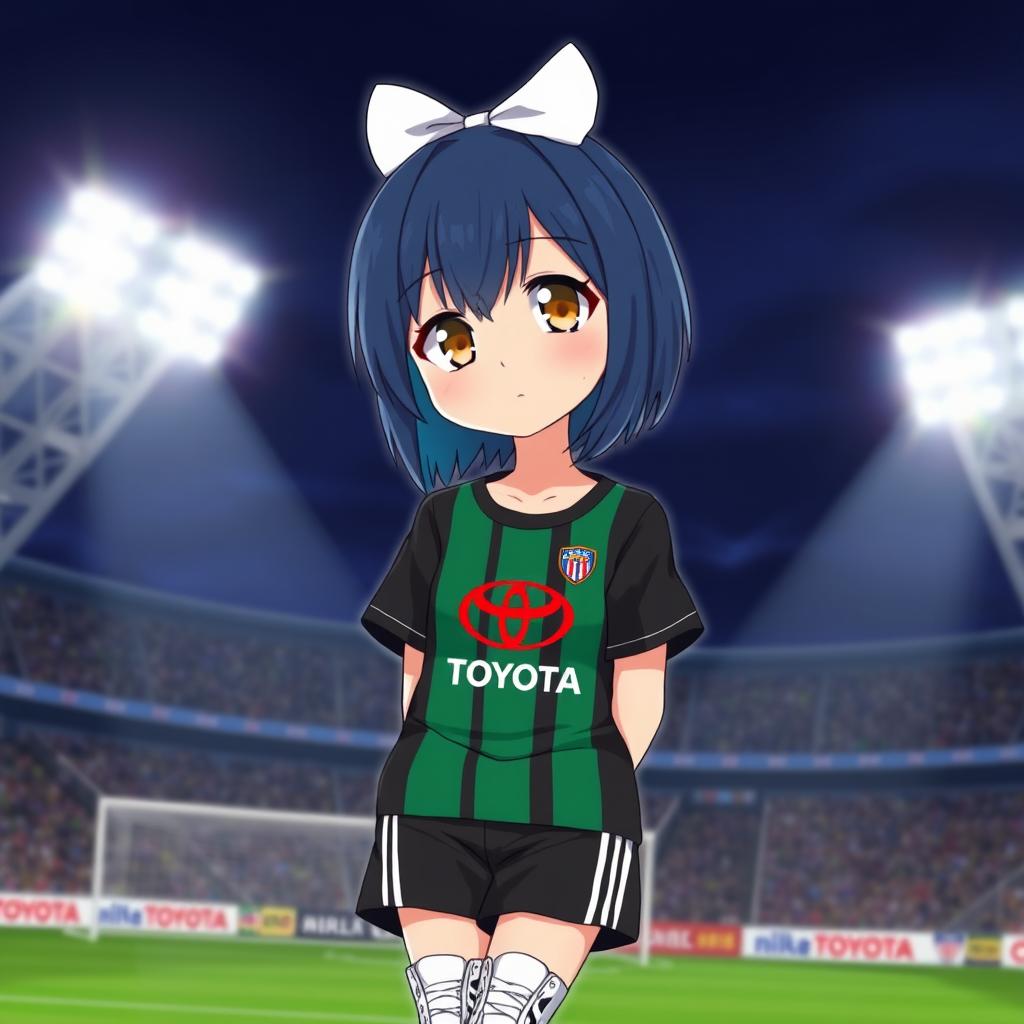 An anime football girl with dark blue hair styled in a trendy cut, adorned with a white bow on her head