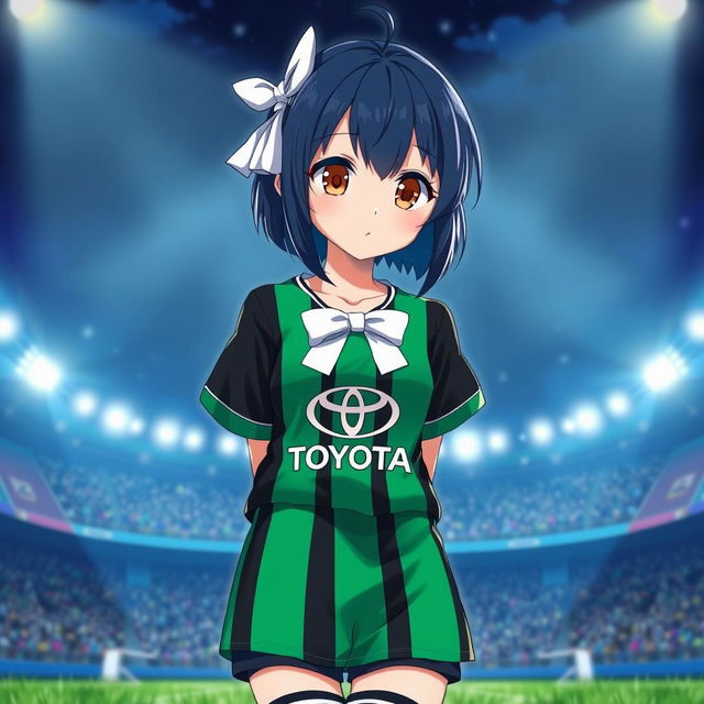 An anime football grown-up girl with dark blue hair styled elegantly and adorned with a white bow