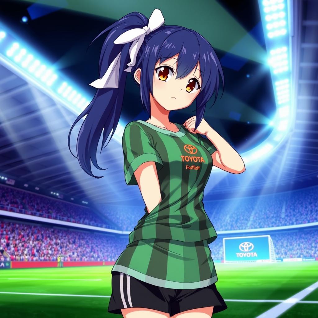 An anime football lady with stylish dark blue hair tied back with a white bow, her captivating brown eyes shining with determination