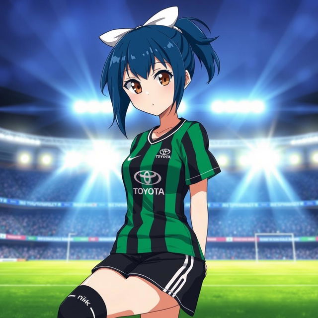 An anime football lady with stylish dark blue hair tied back with a white bow, her captivating brown eyes shining with determination