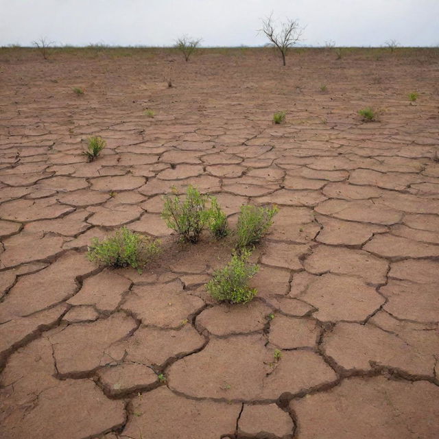 Transitioning from the previous scene, a transformation occurs as rain begins to fall on the parched land, and new growth of plants is shown budding through the once barren earth.