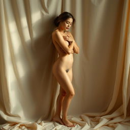 A serene and tasteful artistic representation of a nude figure posed gracefully against a softly lit background