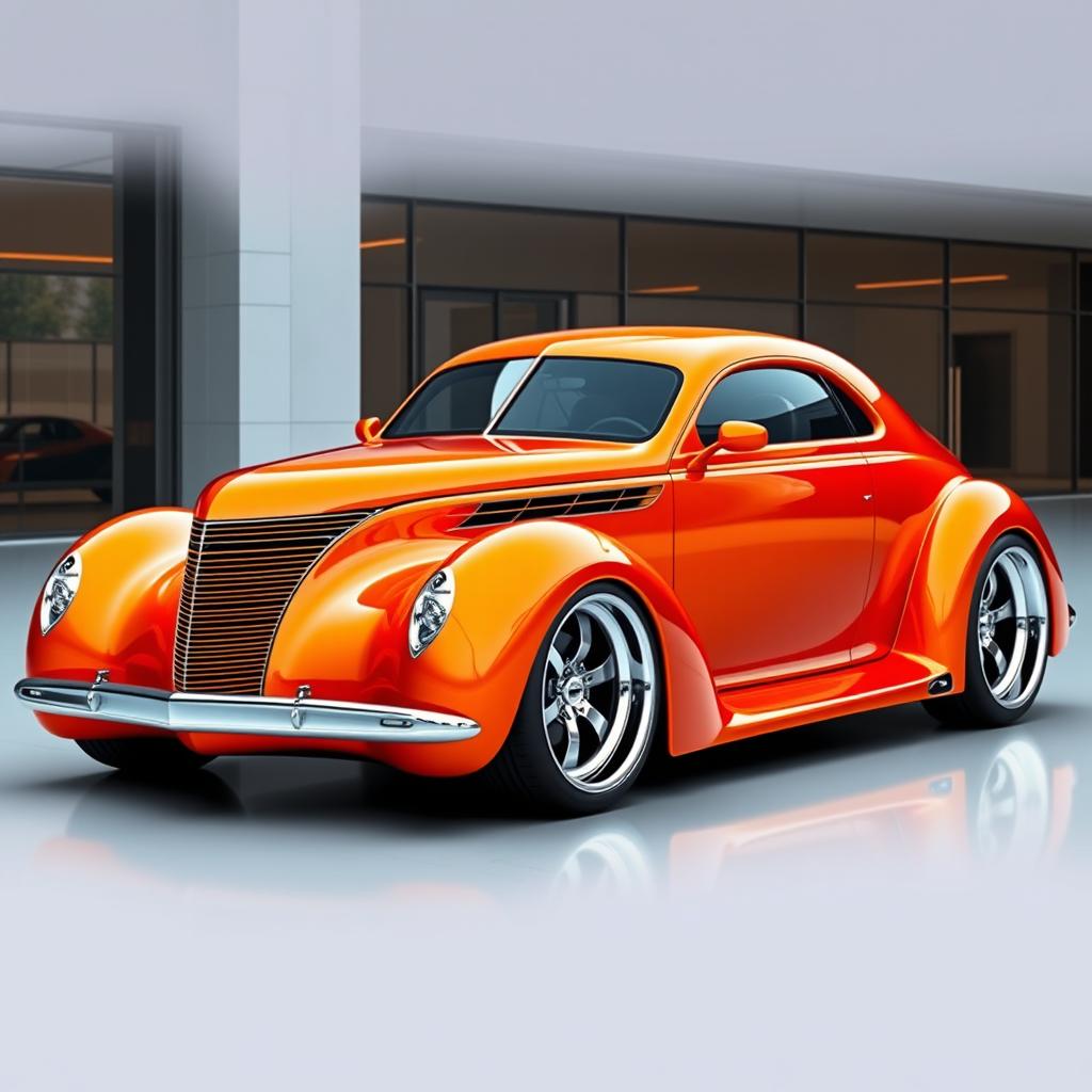 An innovative supercar, creatively blending the classic design of a 1937 Chevrolet Coupe with a modern widebody and wide tires aesthetic, fused seamlessly with the sleek, futuristic features of a 2025 Cadillac Lumistiq