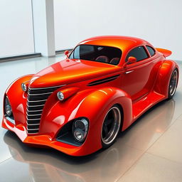 An innovative supercar, creatively blending the classic design of a 1937 Chevrolet Coupe with a modern widebody and wide tires aesthetic, fused seamlessly with the sleek, futuristic features of a 2025 Cadillac Lumistiq