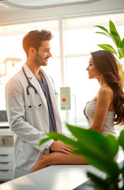 A romantic scene between a handsome doctor and his beautiful patient in a modern hospital setting