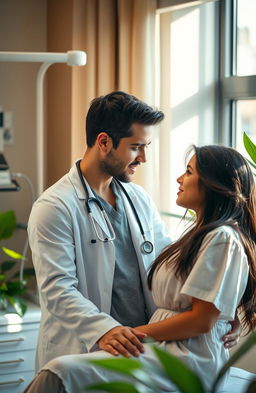 A romantic scene between a handsome doctor and his beautiful patient in a modern hospital setting