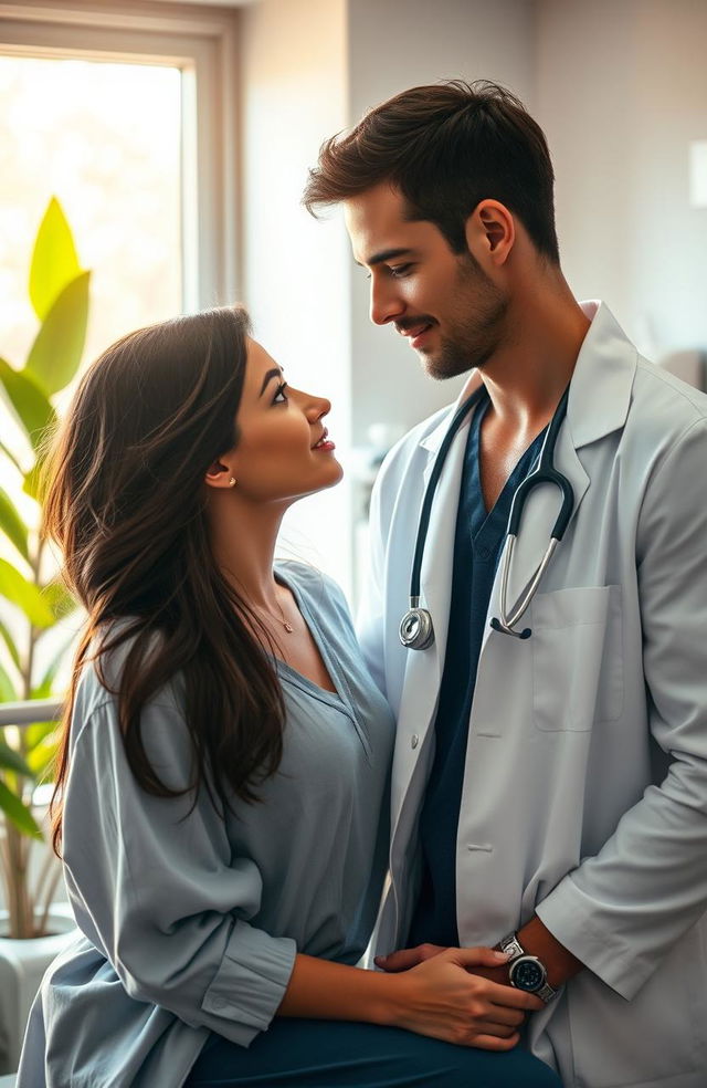 A romantic scene between a handsome doctor and his beautiful patient in a modern hospital setting