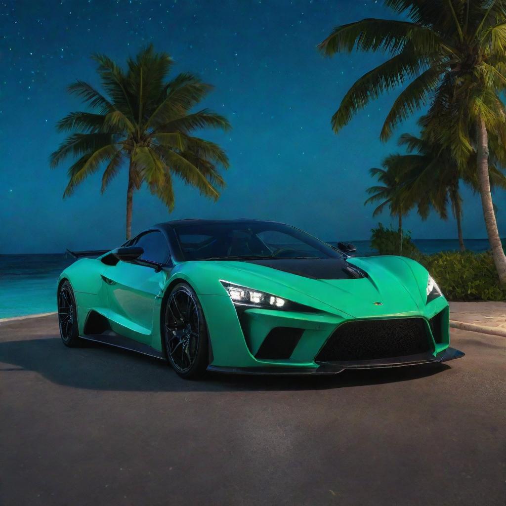 A dazzling Zenvo Aurora Hypercar under the vibrant green night sky of the Maldives with the turquoise waters sparkling under the stars and palm trees casting dark shadows in the foreground.