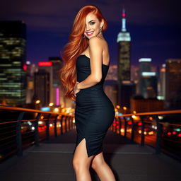 A sexy woman with long flowing red hair wearing a form-fitting black dress that accentuates her curves, standing confidently against a glamorous city skyline at night, with elegant high heels and a playful smile