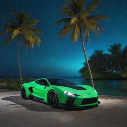 A dazzling Zenvo Aurora Hypercar under the vibrant green night sky of the Maldives with the turquoise waters sparkling under the stars and palm trees casting dark shadows in the foreground.