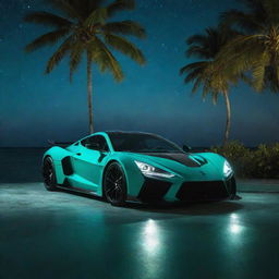 A dazzling Zenvo Aurora Hypercar under the vibrant green night sky of the Maldives with the turquoise waters sparkling under the stars and palm trees casting dark shadows in the foreground.