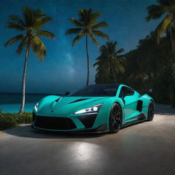 A dazzling Zenvo Aurora Hypercar under the vibrant green night sky of the Maldives with the turquoise waters sparkling under the stars and palm trees casting dark shadows in the foreground.