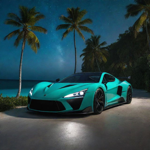 A dazzling Zenvo Aurora Hypercar under the vibrant green night sky of the Maldives with the turquoise waters sparkling under the stars and palm trees casting dark shadows in the foreground.