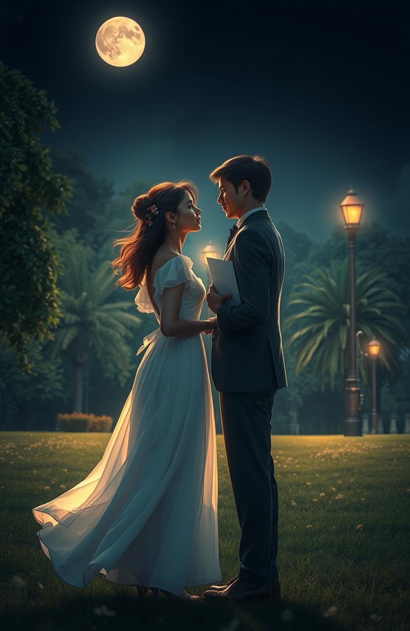 A poignant scene depicting a love story unfulfilled, featuring a couple standing a distance apart in a moonlit park, gazing at each other with longing yet a sense of sadness; the woman is wearing a flowing, white dress that glimmers under the moonlight, with wildflowers in her hair, while the man in a tailored suit holds a letter in his hand, the wind slightly tousling his hair