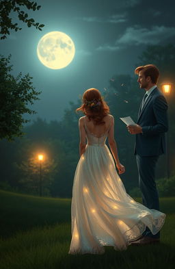 A poignant scene depicting a love story unfulfilled, featuring a couple standing a distance apart in a moonlit park, gazing at each other with longing yet a sense of sadness; the woman is wearing a flowing, white dress that glimmers under the moonlight, with wildflowers in her hair, while the man in a tailored suit holds a letter in his hand, the wind slightly tousling his hair